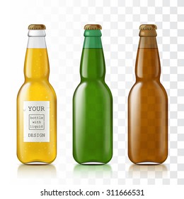 Templates glass realistic transparent bottles are ready for your design. Drinking bottles liquid - beer, water, soda. Mock Up Template 