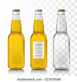 Templates glass realistic transparent bottles are ready for your design. Drinking bottles liquid - beer, water, soda. Vector illustration.
