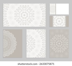 Templates for greeting and business cards, brochures, covers with lace motifs. Oriental pattern Mandala. For Wedding invitation, save the date, RSVP. Arabic, Islamic, asian, indian, african motif