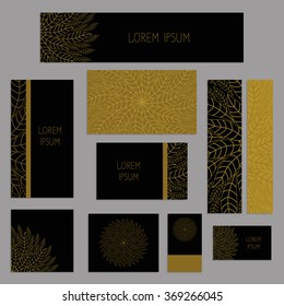 Templates for greeting and business cards, brochures, covers with gold floral motifs on the black. Oriental pattern. Mandala. Invitation, save the date, RSVP.  Arabic, Islamic, asian, indian motifs.