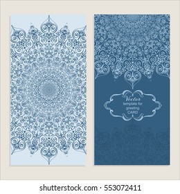 Templates for greeting and business cards, brochures, covers in airy blue color. Wedding invitation, save the date, RSVP. Oriental pattern. Mandala. 