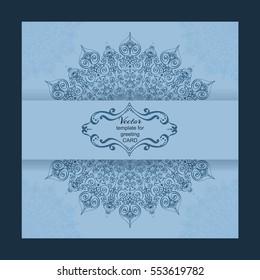 Templates for greeting and business cards, brochures, covers in airy blue color. Oriental pattern. Mandala. Wedding invitation, save the date, RSVP.