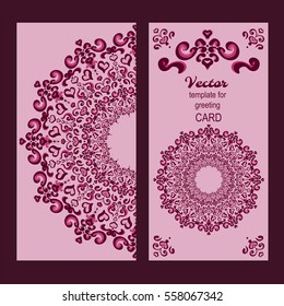 Templates for greeting and business cards, brochures, covers with symmetrical circular openwork ornament with hearts. Oriental pattern. Wedding invitation, save the date, RSVP.