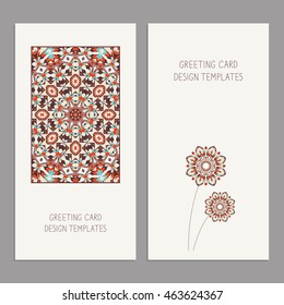 Templates for greeting and business cards with floral motifs. Oriental pattern. Wedding invitation, thank you, save the date, RSVP.  Arabic, Islamic, asian, indian motifs. 