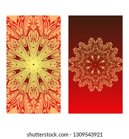 Templates For Greeting And Business Cards. Vector Illustration. Oriental Pattern With. Mandala. Wedding Invitation. Luxury red, sunrise gold color.