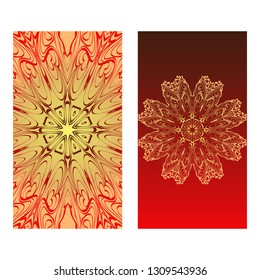 Templates For Greeting And Business Cards. Vector Illustration. Oriental Pattern With. Mandala. Wedding Invitation. Luxury red, sunrise gold color.