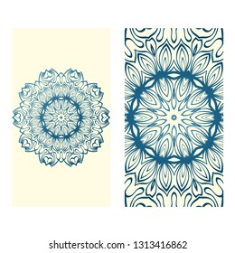 Templates For Greeting And Business Cards. Vector Illustration. Oriental Pattern With. Mandala. Wedding Invitation. Blue milk color.