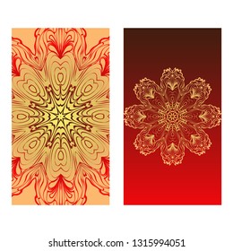 Templates For Greeting And Business Cards. Vector Illustration. Oriental Pattern With. Mandala. Wedding Invitation. Luxury red, sunrise gold color.