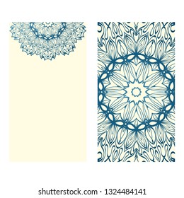 Templates For Greeting And Business Cards. Vector Illustration. Oriental Pattern With. Mandala. Wedding Invitation. Blue milk color.