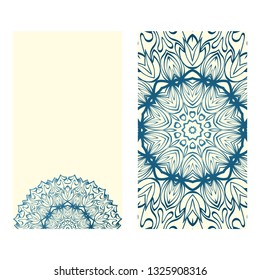 Templates For Greeting And Business Cards. Vector Illustration. Oriental Pattern With. Mandala. Wedding Invitation. Blue milk color.