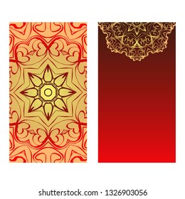 Templates For Greeting And Business Cards. Vector Illustration. Oriental Pattern With. Mandala. Wedding Invitation. Luxury red, sunrise gold color.
