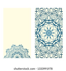 Templates For Greeting And Business Cards. Vector Illustration. Oriental Pattern With. Mandala. Wedding Invitation. Blue milk color.