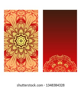 Templates For Greeting And Business Cards. Vector Illustration. Oriental Pattern With. Mandala. Wedding Invitation. Luxury red, sunrise gold color.