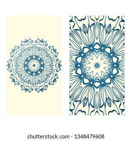 Templates For Greeting And Business Cards. Vector Illustration. Oriental Pattern With. Mandala. Wedding Invitation. Blue milk color.