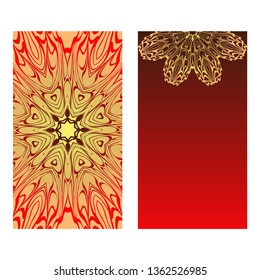 Templates For Greeting And Business Cards. Vector Illustration. Oriental Pattern With. Mandala. Wedding Invitation. Luxury red, sunrise gold color.