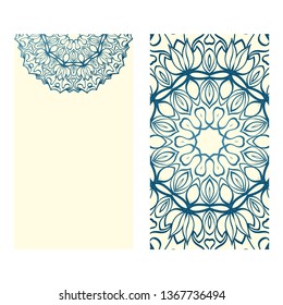 Templates For Greeting And Business Cards. Vector Illustration. Oriental Pattern With. Mandala. Wedding Invitation. Blue milk color.