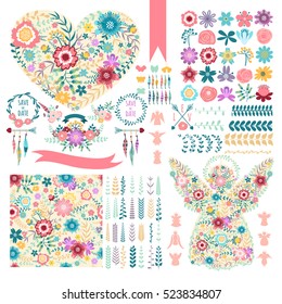 Templates for greeting cards and scrapbooking. Vector collection with spring and summer elements: flowers, wreaths, branches, heart, angels, frames, butterflies, pattern brushes. Floral design set.