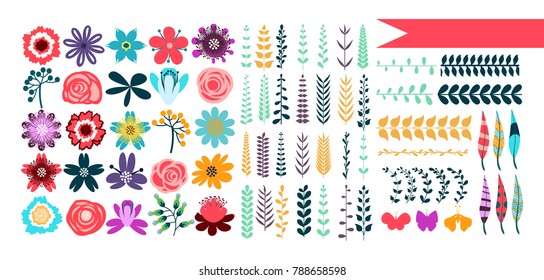 Templates for greeting cards and scrapbooking. Vector collection with spring and summer elements: flowers, wreaths, branches, frames, butterflies, pattern brushes. Floral design set.