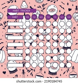 Templates of habit tracker. A planner for the organization of time. Magic background with witchy items: love potion, magic ball, pumpkin, herb, and bats.