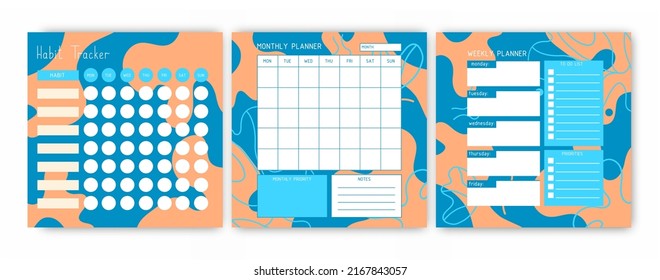 Templates of habit tracker, weekly planner, month planner. A planner for the organization of time. Abstract background. Vector.