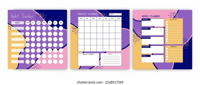 Templates of habit tracker, weekly planner, month planner. A planner for the organization of time. Abstract background. Vector.