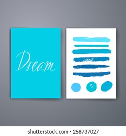 Templates with hand draw geometric elements. Blue and white background. dream card.