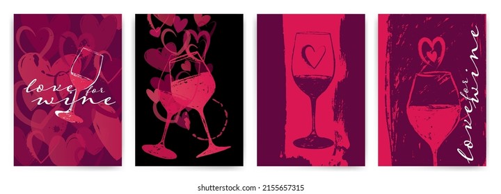 Templates with hand drawings of hearts and wine glasses. As a romantic background for invitations, cards, covers and love and wine designs. vector illustration