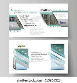 Templates in HD format for presentation slides. Abstract design vector layouts. Colorful background, triangular or hexagonal texture, travel business, natural landscape, polygonal style.