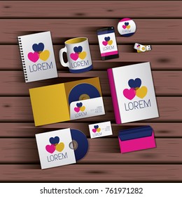 templates of hearts of corporate stationery over wooden background
