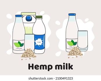 Templates with hemp milk in glass, bottles and box. Vegan milk icons. Plant-base milk alternatives. Hand drawn vector illustration.