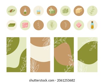 Templates of highlights and stories for social networks of soap makers. Icons handmade soap, base, oil, flavor, packaging, twine, bubbles. Natural cosmetics, vector illustration