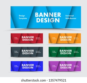 Templates of horizontal multicolored web banners with soaring triangles in the style of material design. Vector design. Set