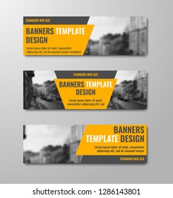 Templates of horizontal vector banners with diagonal orange elements and space for photos. Design for web standard size. Set