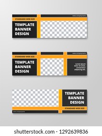 Templates of horizontal vector banners with a place for a photo and black blocks for text and yellow lines. A set of standard size for advertising and business.