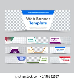 Templates of horizontal white modern web banners with place for image and color different shapes for text. Design for business and advertising. Standard size set. Vector