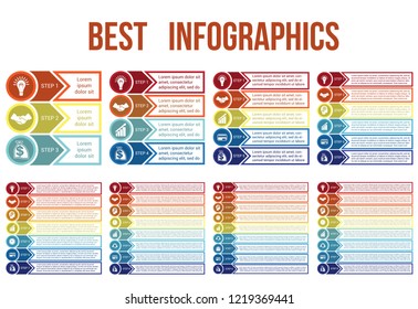 Templates for infographic from circles, horizontal arrows and lines, for 3,4,5,6,7,8,9,10 positions.
