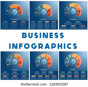 Templates infographics business concept coloured parts semicircle and globe, numbered for 3,4,5,6,7,8, positions, options, parts, or processes. 3D vectors illustrations.