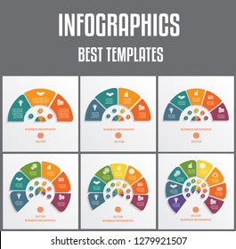 Templates infographics numbered for 3,4,5,6,7,8 options. Colorful semicircles. Vector illustrations can be used as chart, diagram, graph,  workflow, business presentation