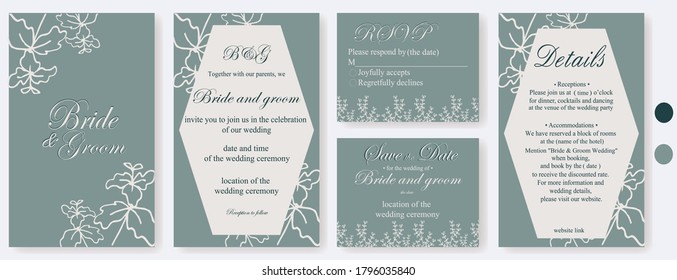 Templates of invitation cards for wedding. Vector template. Set with: wedding invitation design, save the date, RSVP and details cards.