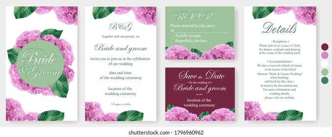 Vorlagen von Einladungskarten für Hochzeiten. Vektorvorlage. Set mit: Hochzeitseinladung Design, speichern Sie das Datum, RSVP und Details Karten.