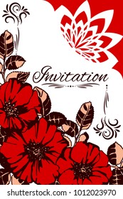 Templates of invitation with decorative frame and flowers. Red  wild rose and leaves.