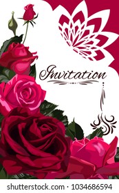 Templates of invitation with decorative frame and flowers. Red rose blossom.