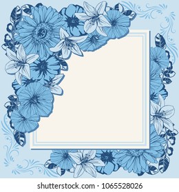 Templates of invitation, greeting card decorated with flower of lilies, wild roses, nasturtium and gerberas.