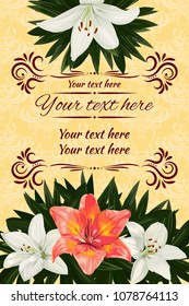 Templates of invitation, greeting card decorated with white and orange flowers of lilies.