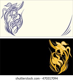 Templates for invitations with irises: black card with Golden irises and a bright card with pale blue irises with empty place for text. Vector.