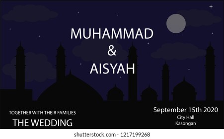 Templates Islamic wedding invitations that can be edited and customized with the background of the night sky and mosque