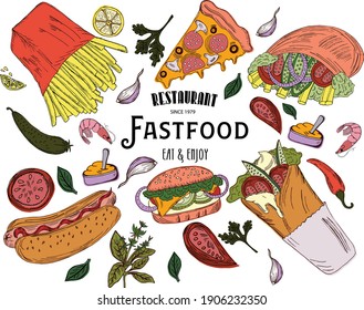 Templates for label design with hand drawn fastfood