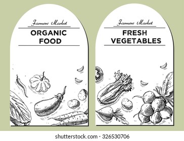 Templates for label design with hand drawn linear vegetables. Can be used for vegan products, brochures, banner, restaurant menu, farmers market and organic food store