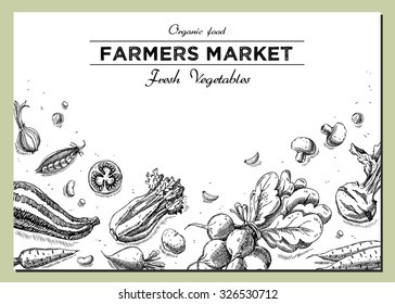 Templates for label design with hand drawn linear vegetables. Can be used for vegan products, brochures, banner, restaurant menu, farmers market and organic food store