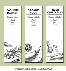 Templates for label design with hand drawn linear vegetables. Can be used for vegan products, brochures, banner, restaurant menu, farmers market and organic food store